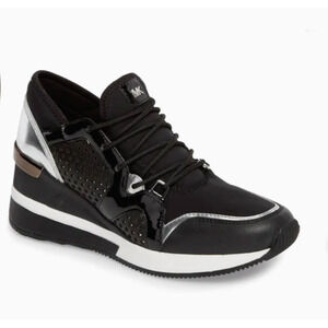 Michael Kors Black Scout Trainer Scuba Leather Wedge Sneaker Star Design 9